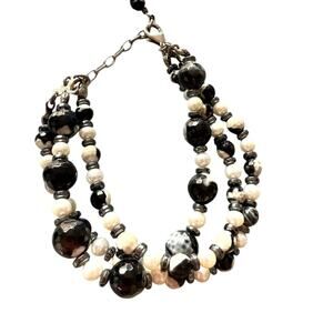 925 Sterling Silver Beaded Ocean Jasper & Pearl Triple Stranded Bracelet